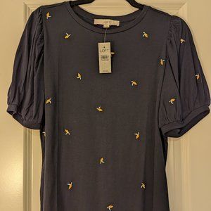 LOFT, Navy Blue with Lemons, Bubble Sleeve Shirt, Size Large